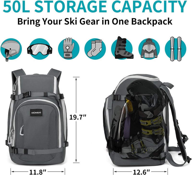 NONSAR Store 50L Ski Boot Bag - Waterproof Snowboard Boot Travel Backpack for Helmet, Googles, Gloves, Skis & Accessories for Men Women - Image 2